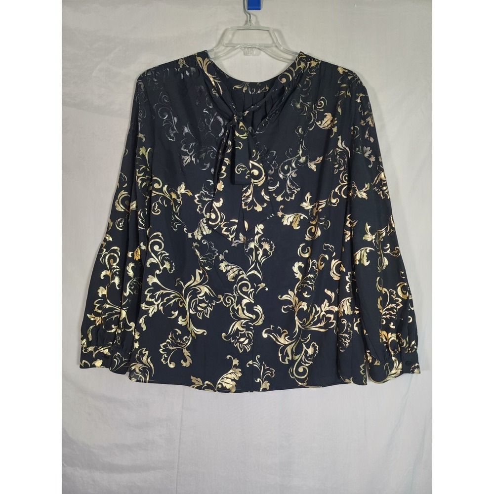 Worthington Woman 1X Black Gold Baroque Blouse Tie Neck Career Top Officecore - Picture 5 of 8